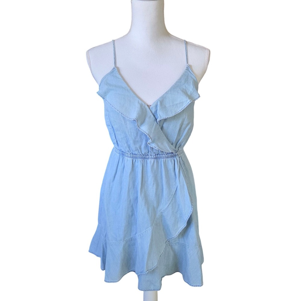 Express Light Wash Chambray Ruffle Faux Wrap Mini Dress Western Sundress Blue XS